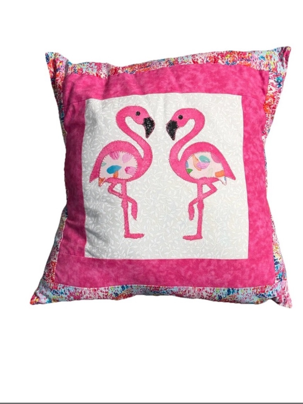 Patchwork Pink Flamingo Throw Pillow Cover 16“ x 16“ Blue Cream Cute